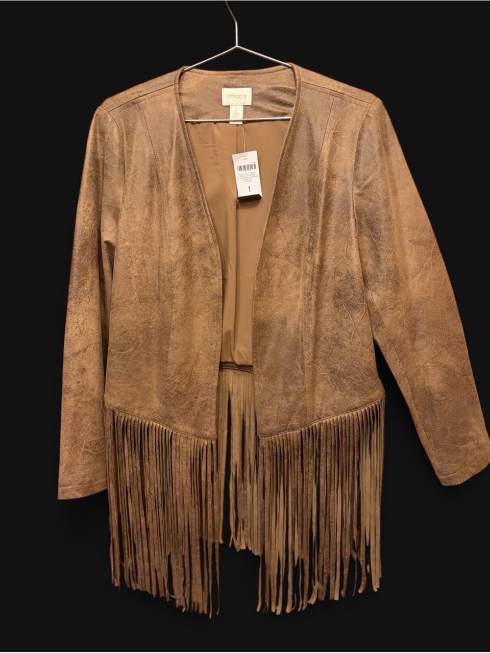 Chico's Brown Fringe Faux-Suede Open Jacket
